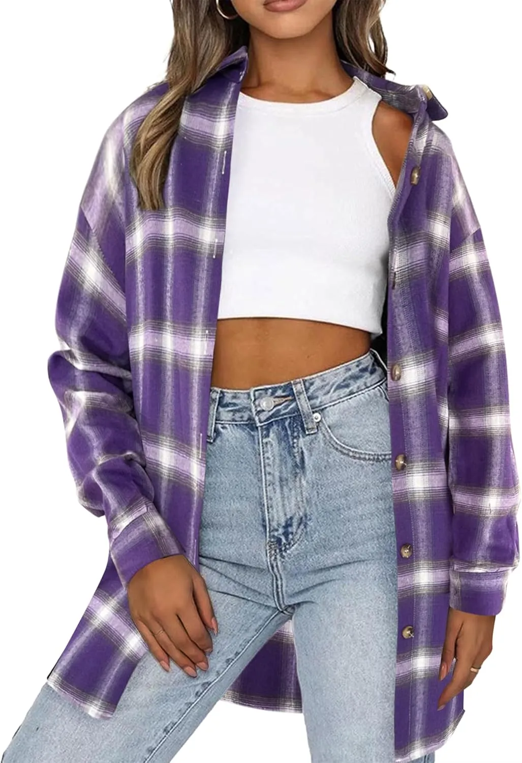 HOTOUCH Womens Flannel Plaid Shirts Cotton Casual Long Sleeve Blouse Classic Collared Button Down 2025 Fall Tops S-2XL