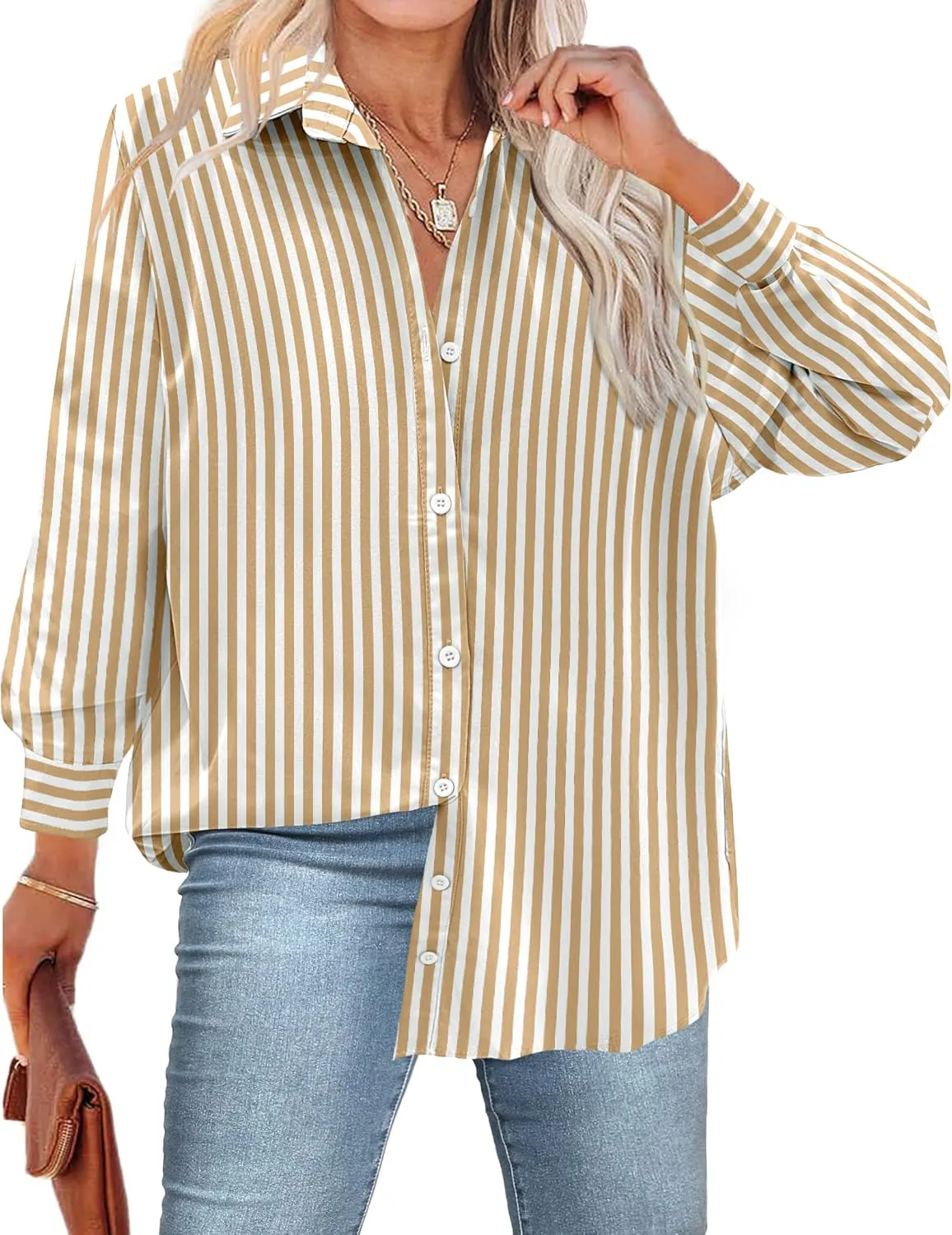 IN'VOLAND Womens Plus Size Button Down Shirt Striped Casual Shirt Long Sleeve Fall Blouse Collared Office Work Blouses Tops