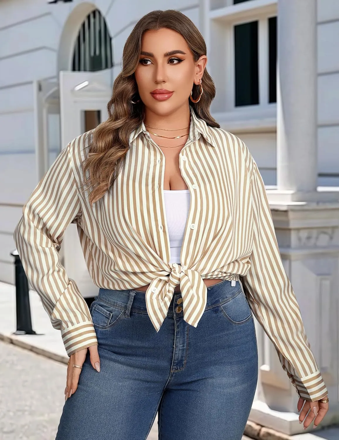 IN'VOLAND Womens Plus Size Button Down Shirt Striped Casual Shirt Long Sleeve Fall Blouse Collared Office Work Blouses Tops
