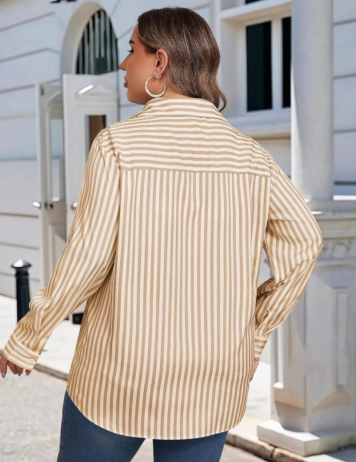 IN'VOLAND Womens Plus Size Button Down Shirt Striped Casual Shirt Long Sleeve Fall Blouse Collared Office Work Blouses Tops