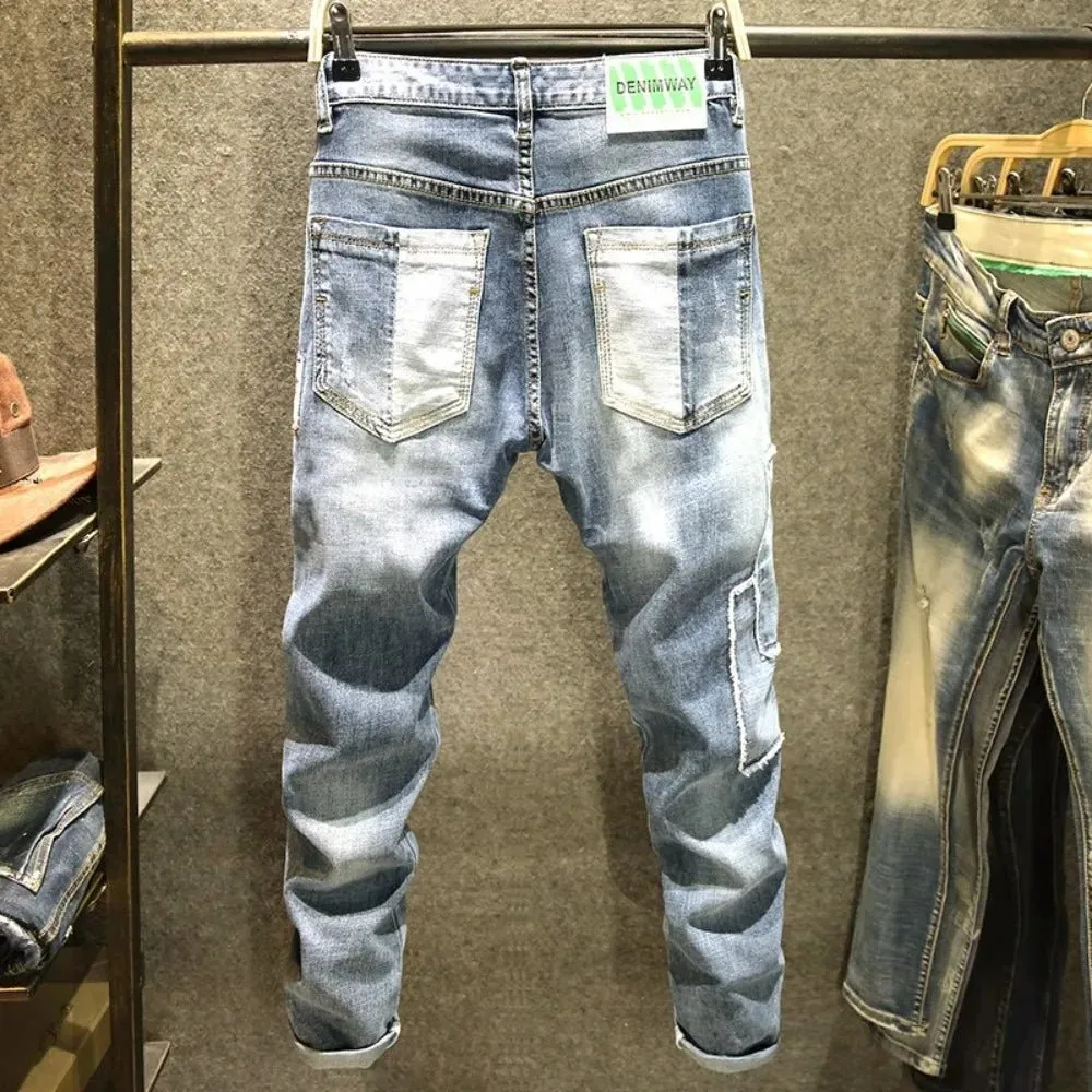 Jeans Men Fashion Designer Splicing Streetwear Male Wear Ripped Hole Skinny Jeans Denim Trousers 2024  Men Clothing  Fall Guys