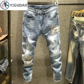 Jeans Men Fashion Designer Splicing Streetwear Male Wear Ripped Hole Skinny Jeans Denim Trousers 2024  Men Clothing  Fall Guys