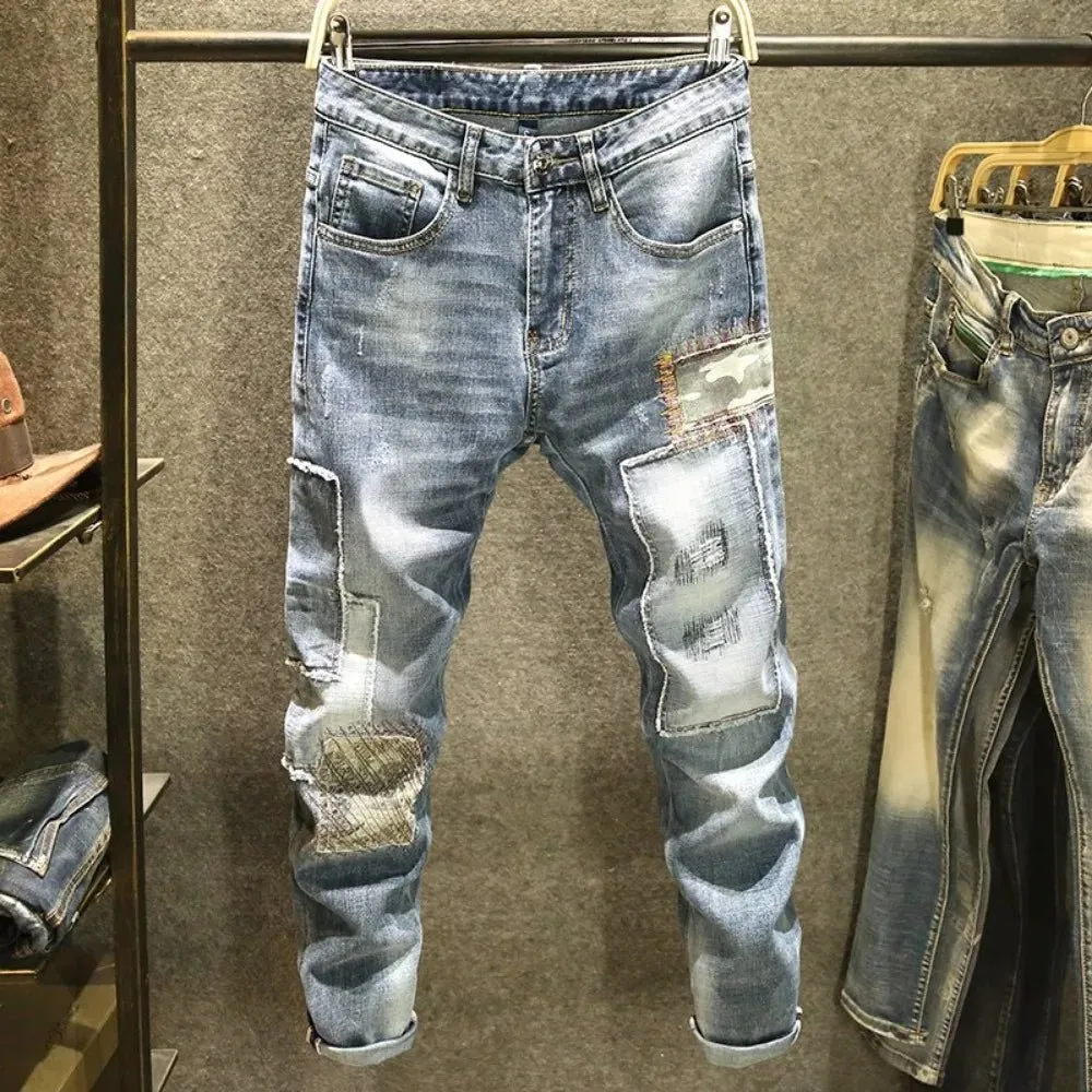 Jeans Men Fashion Designer Splicing Streetwear Male Wear Ripped Hole Skinny Jeans Denim Trousers 2024  Men Clothing  Fall Guys