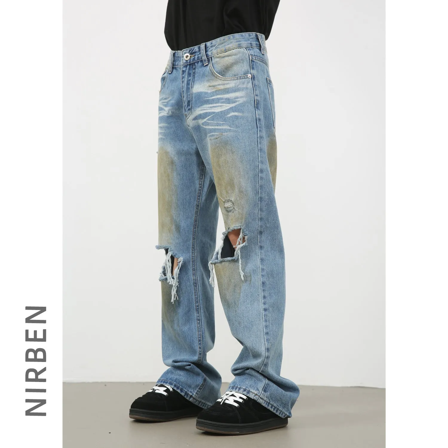 Jinquedai guys clothing styles Nirben Denim | High Street American Washed Ripped Jeans Men's Retro Loose Hip Hop Skinny Pants