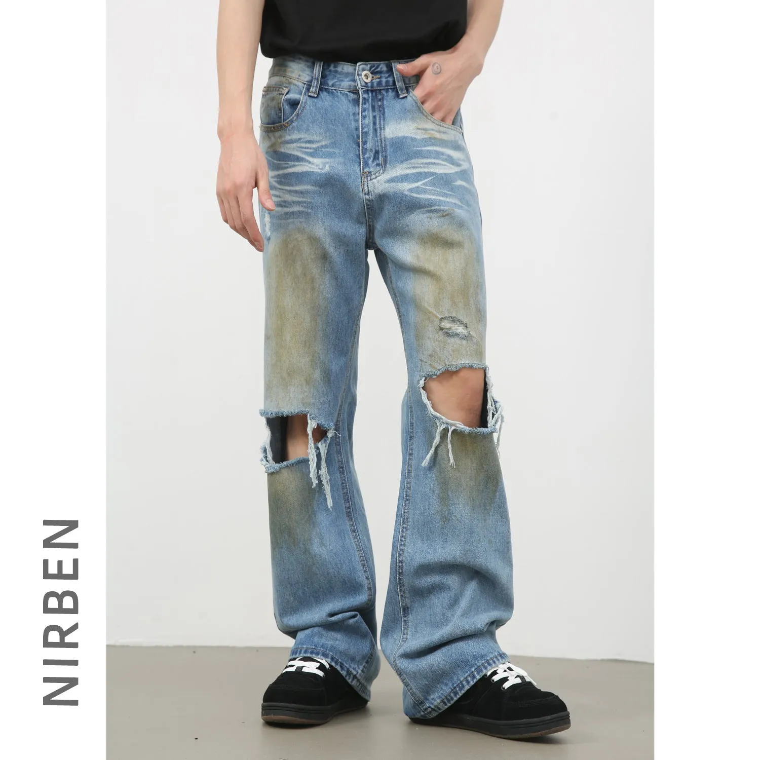 Jinquedai guys clothing styles Nirben Denim | High Street American Washed Ripped Jeans Men's Retro Loose Hip Hop Skinny Pants