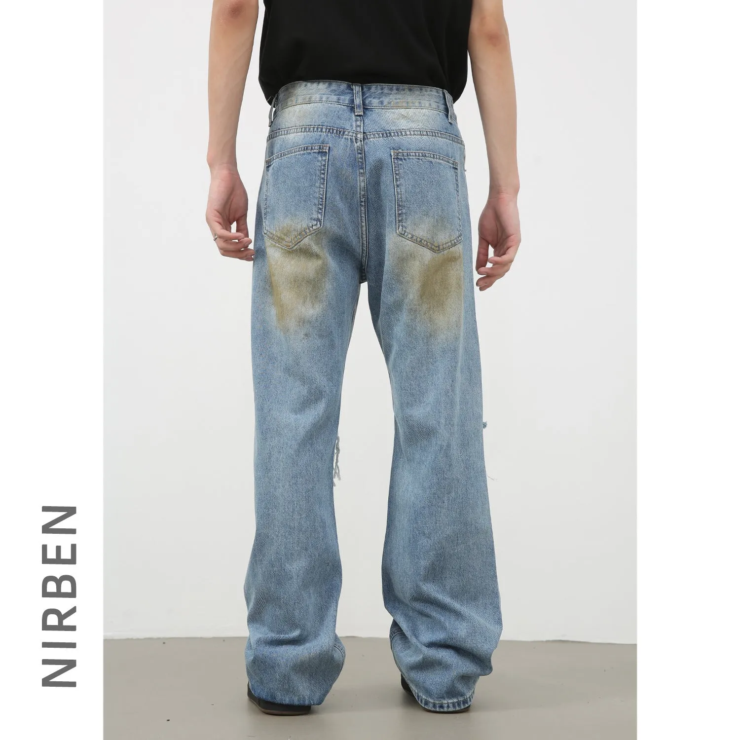 Jinquedai guys clothing styles Nirben Denim | High Street American Washed Ripped Jeans Men's Retro Loose Hip Hop Skinny Pants