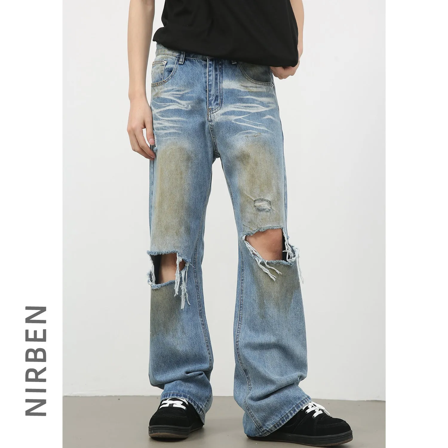 Jinquedai guys clothing styles Nirben Denim | High Street American Washed Ripped Jeans Men's Retro Loose Hip Hop Skinny Pants