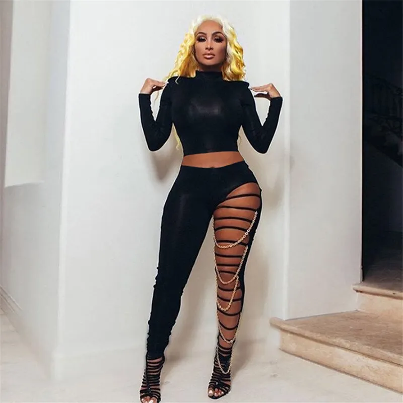 Joskaa hirigin Sexy High Waist Ripped Leggings Women Black Slim Holes Trousers With Gold Chain Pencil Pants Casual Fashion Clothing