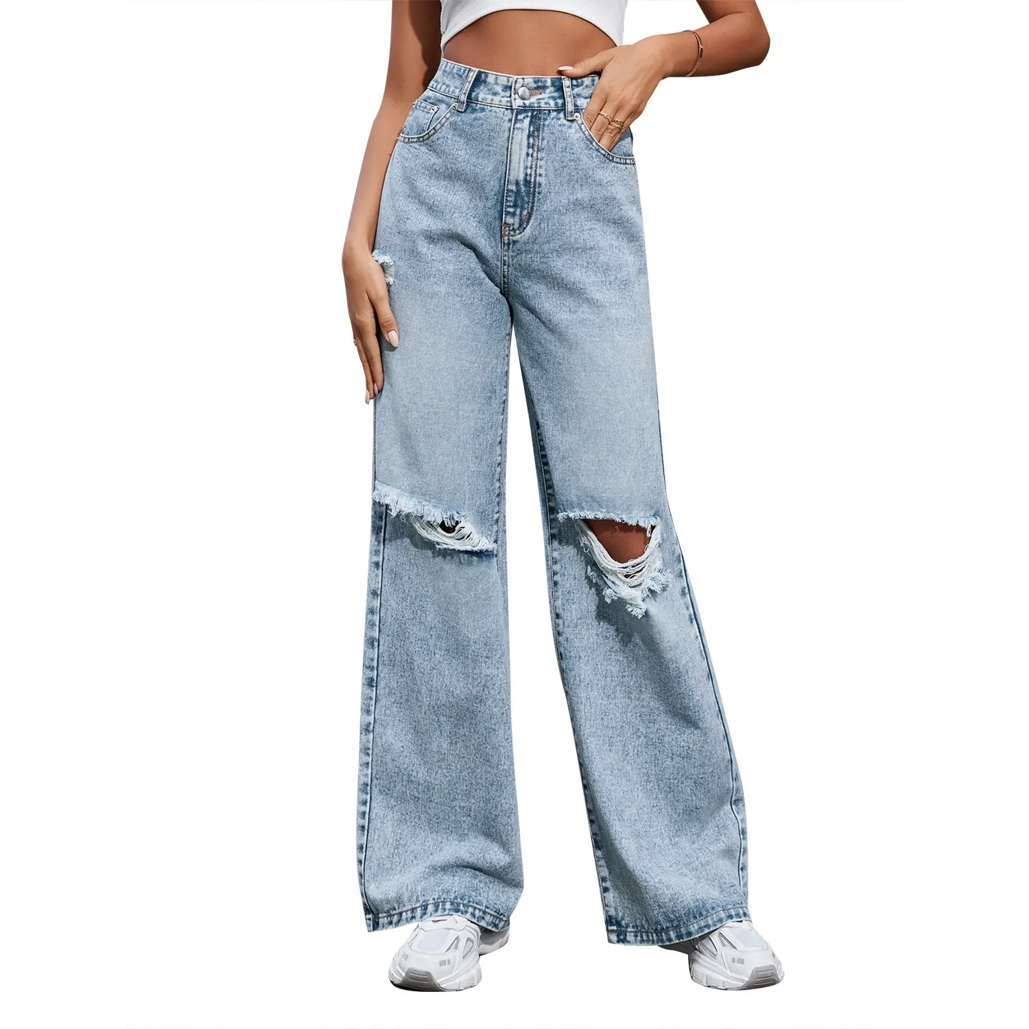 Joskaa outfit inspo Women's Ins Fashion Ripped High Waist Wide Leg Pants Casual Denim Pants Fashion