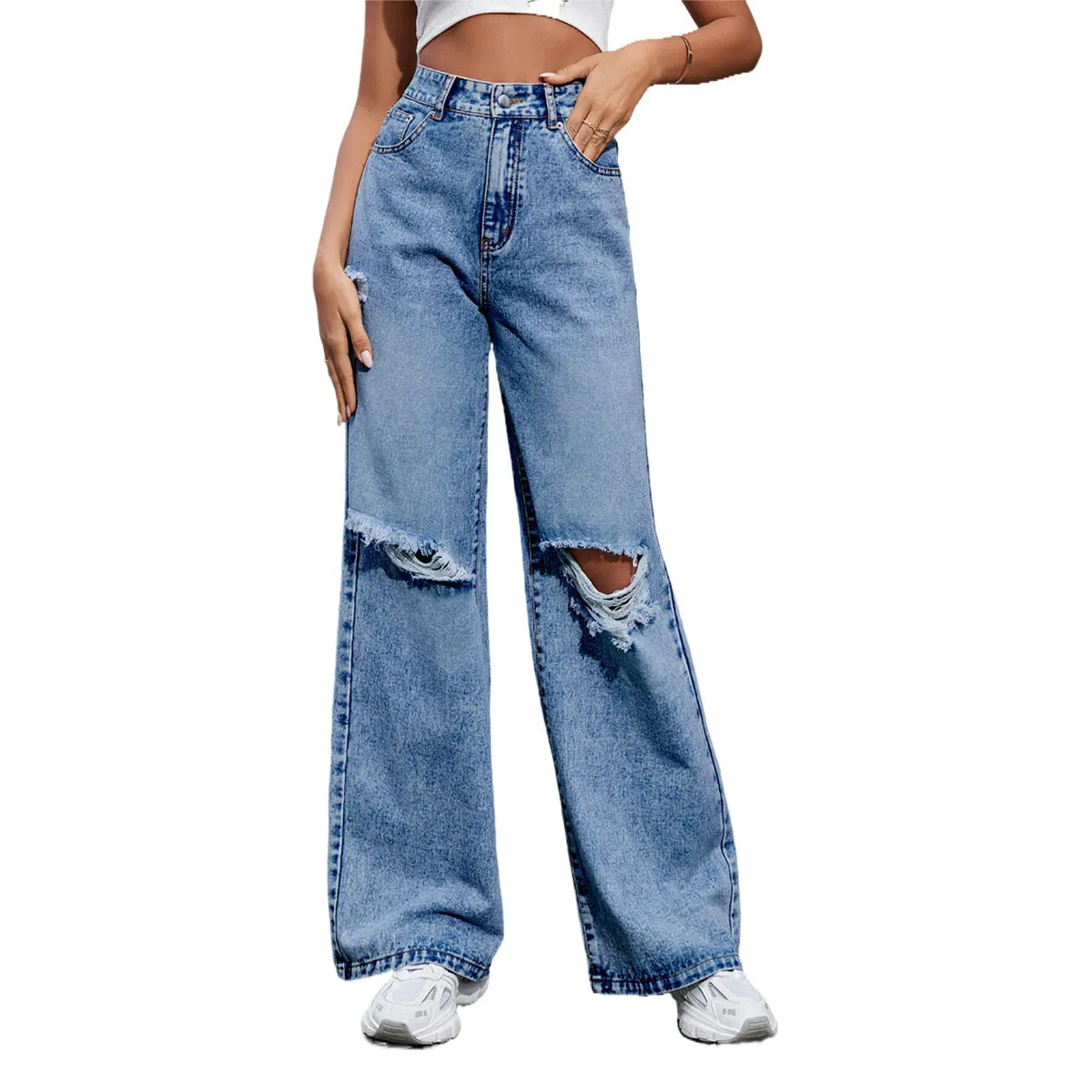 Joskaa outfit inspo Women's Ins Fashion Ripped High Waist Wide Leg Pants Casual Denim Pants Fashion