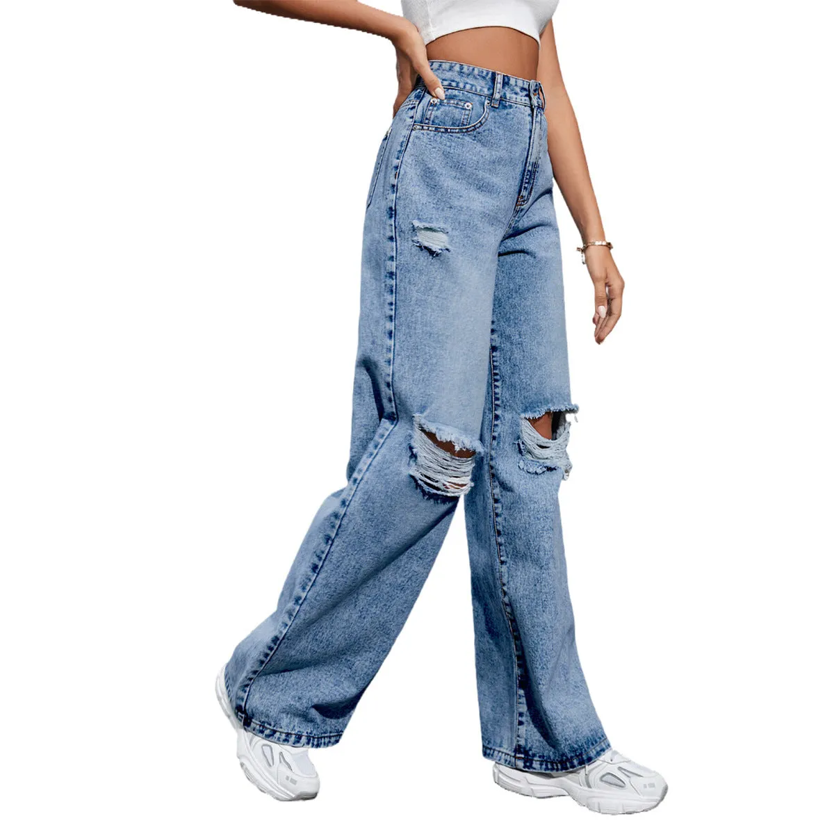 Joskaa outfit inspo Women's Ins Fashion Ripped High Waist Wide Leg Pants Casual Denim Pants Fashion