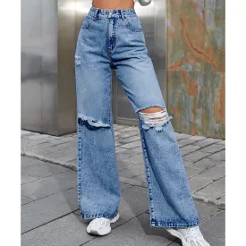 Joskaa outfit inspo Women's Ins Fashion Ripped High Waist Wide Leg Pants Casual Denim Pants Fashion