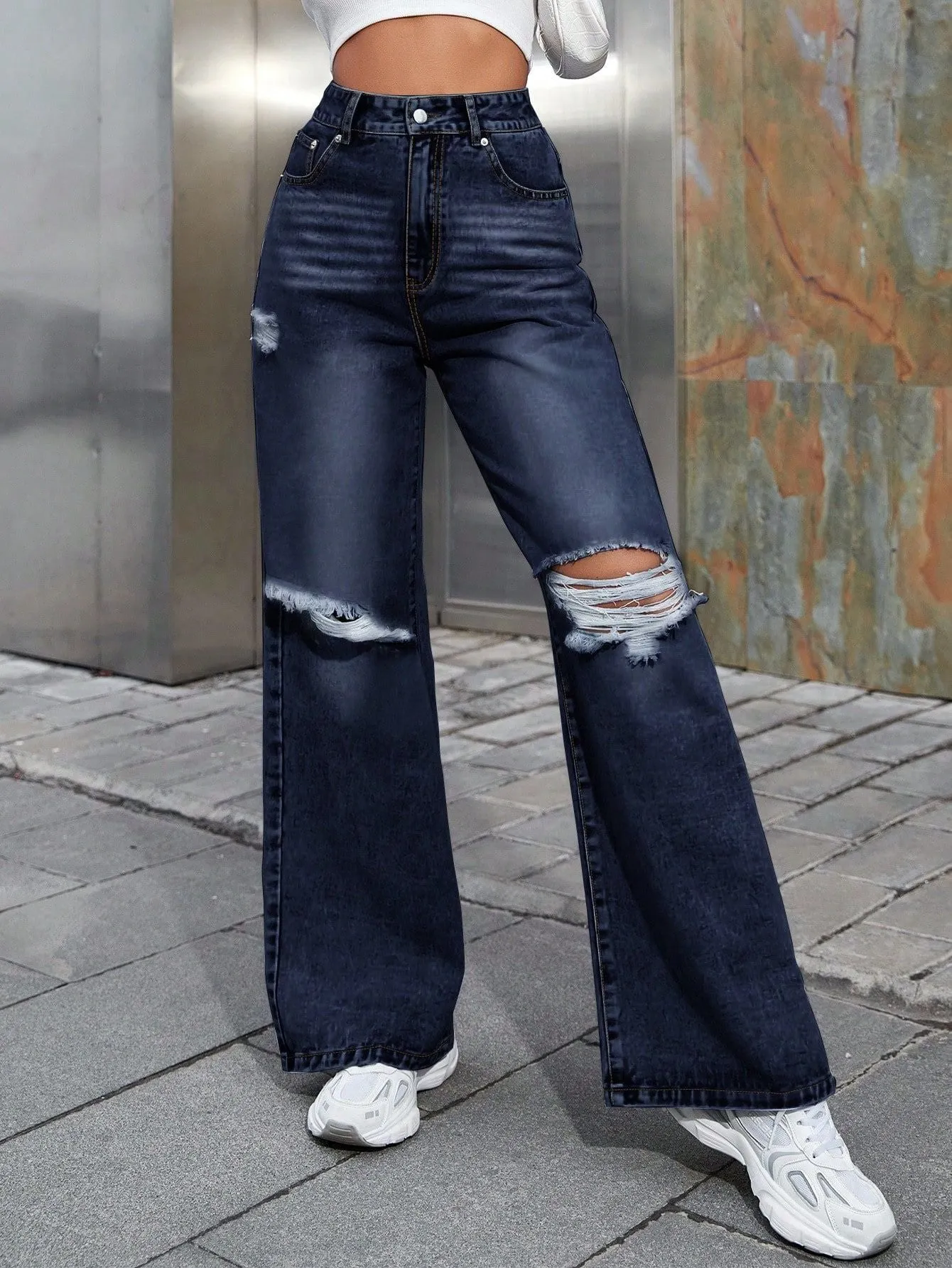 Joskaa outfit inspo Women's Ins Fashion Ripped High Waist Wide Leg Pants Casual Denim Pants Fashion