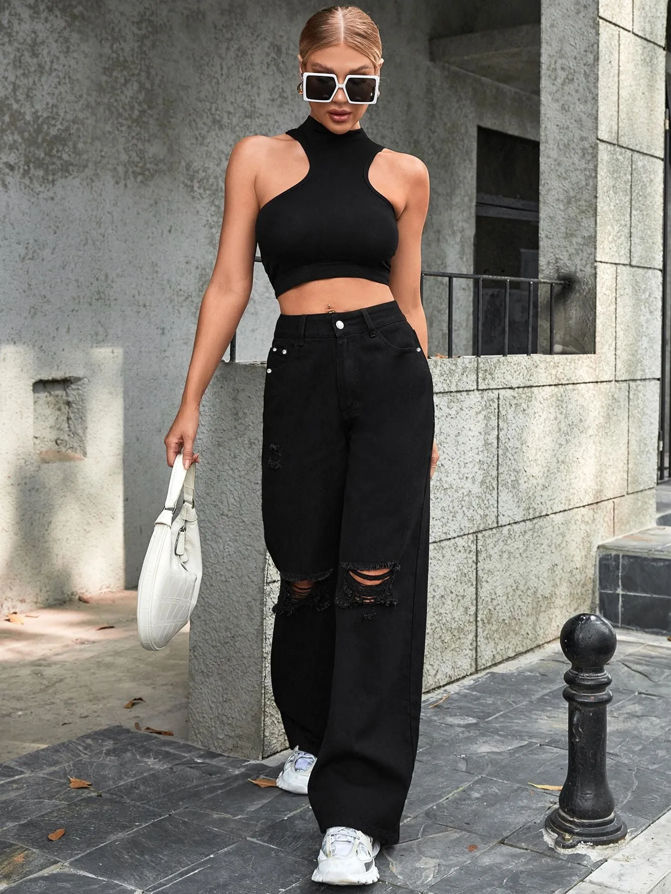 Joskaa outfit inspo Women's Ins Fashion Ripped High Waist Wide Leg Pants Casual Denim Pants Fashion