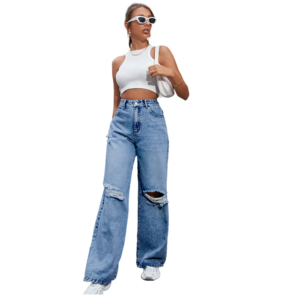 Joskaa outfit inspo Women's Ins Fashion Ripped High Waist Wide Leg Pants Casual Denim Pants Fashion
