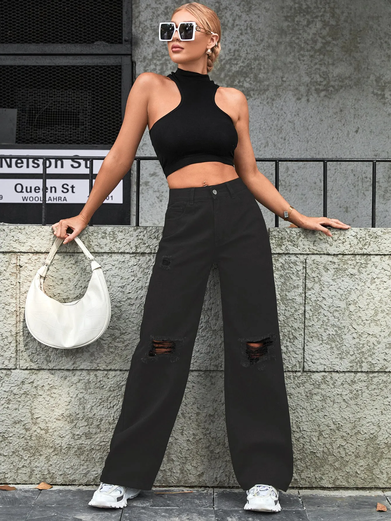 Joskaa outfit inspo Women's Ins Fashion Ripped High Waist Wide Leg Pants Casual Denim Pants Fashion