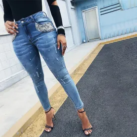Joskaa Women Fashion Casual Slinky Jeans Long Pants Beaded Pocket Design Women Trousers RippedDesign Denim Pants Fashion Casual  Jeans