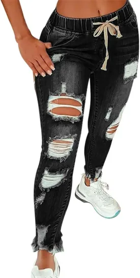 KUNMI Women High Waist Skinny Stretch Ripped Jeans Destroyed Denim Pants Plus Size