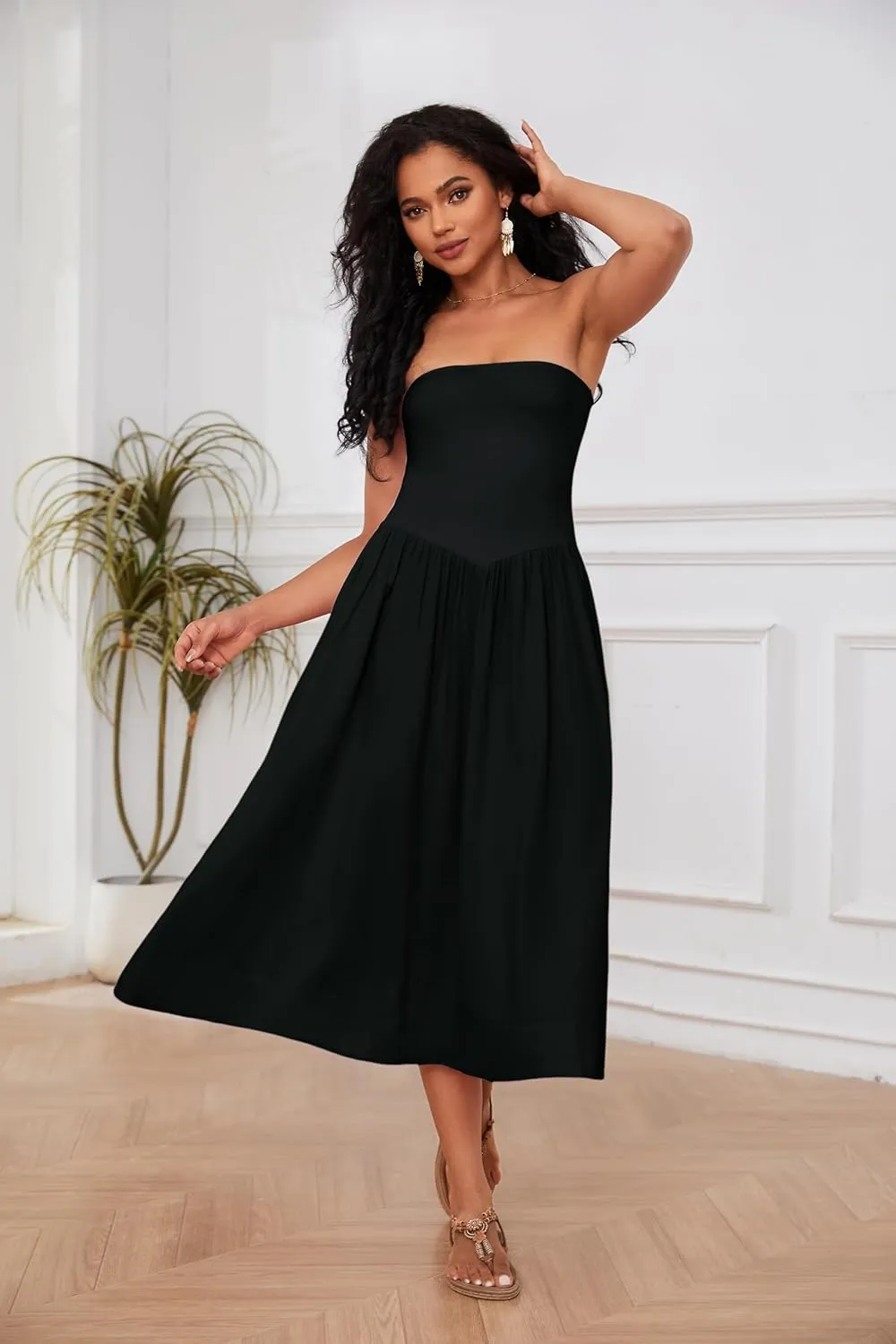 Livtany Women Off Shoulder Midi Dress Strapless Sleeveless Drop-Waist A Line Tube Dress Trendy Summer Swing Patchwork Dress