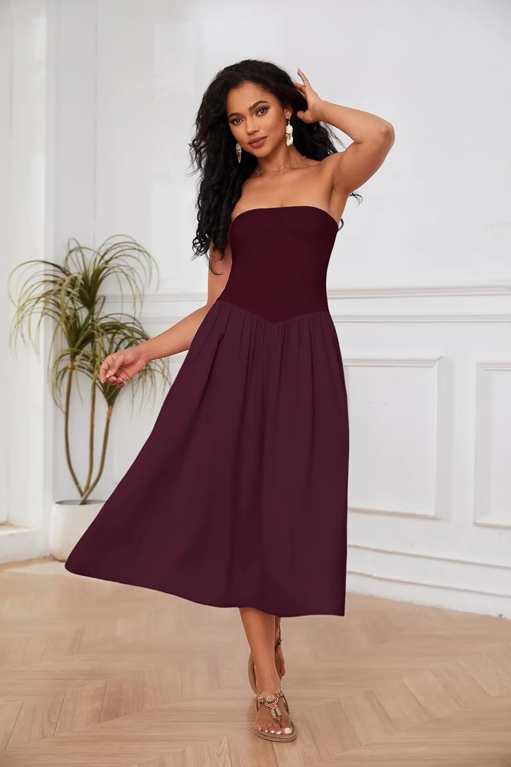Livtany Women Off Shoulder Midi Dress Strapless Sleeveless Drop-Waist A Line Tube Dress Trendy Summer Swing Patchwork Dress