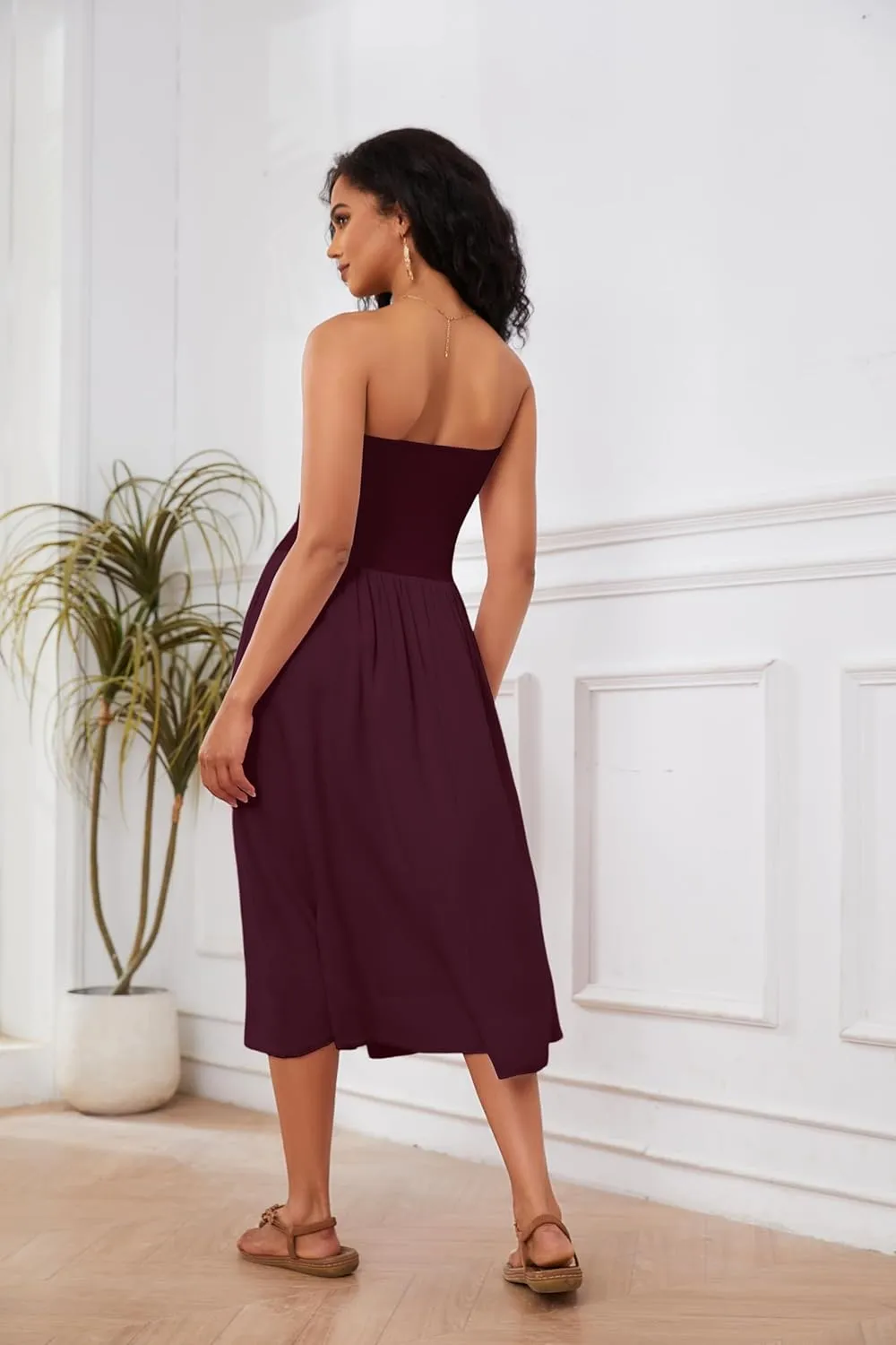 Livtany Women Off Shoulder Midi Dress Strapless Sleeveless Drop-Waist A Line Tube Dress Trendy Summer Swing Patchwork Dress
