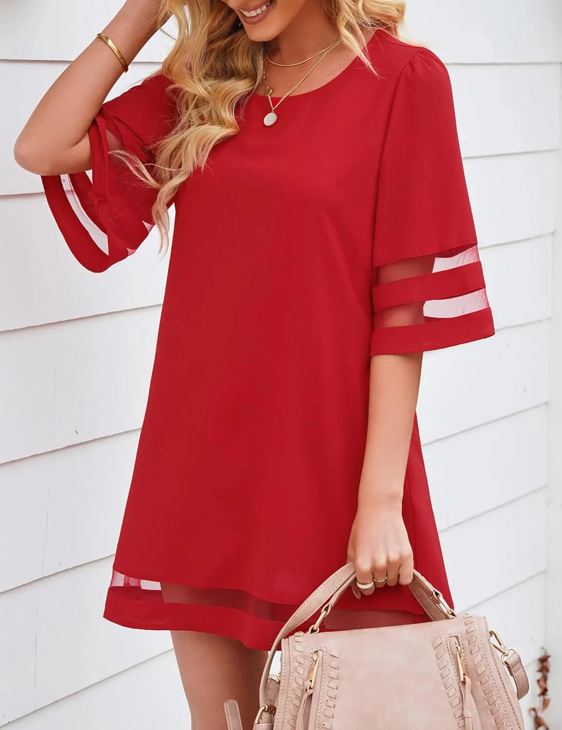 LookbookStore Women Casual Crewneck Mesh Panel 3/4 Bell Sleeve Loose Tunic Dress