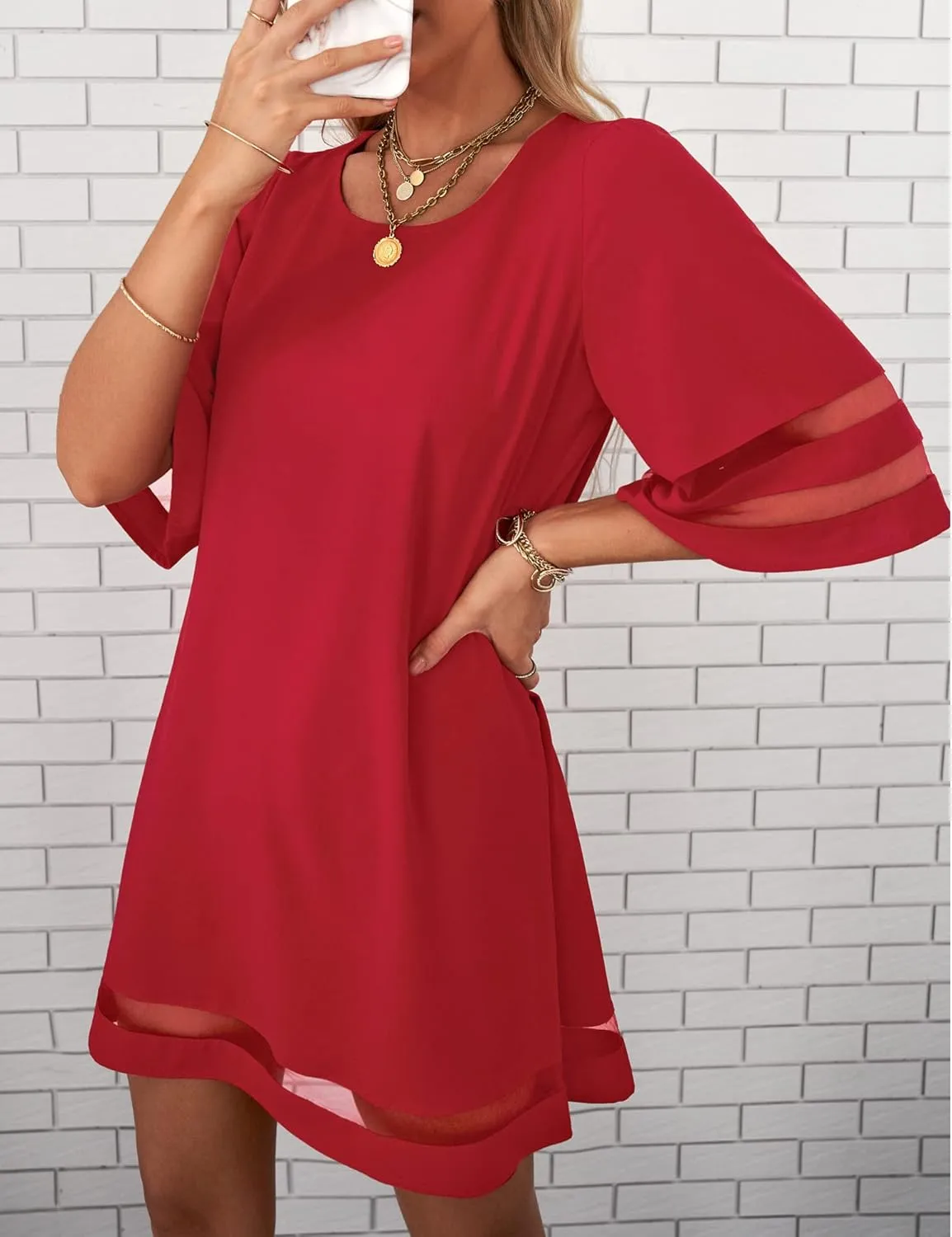 LookbookStore Women Casual Crewneck Mesh Panel 3/4 Bell Sleeve Loose Tunic Dress