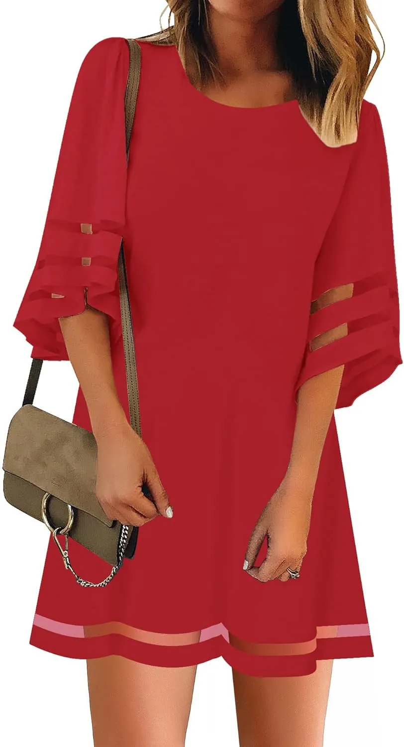 LookbookStore Women Casual Crewneck Mesh Panel 3/4 Bell Sleeve Loose Tunic Dress