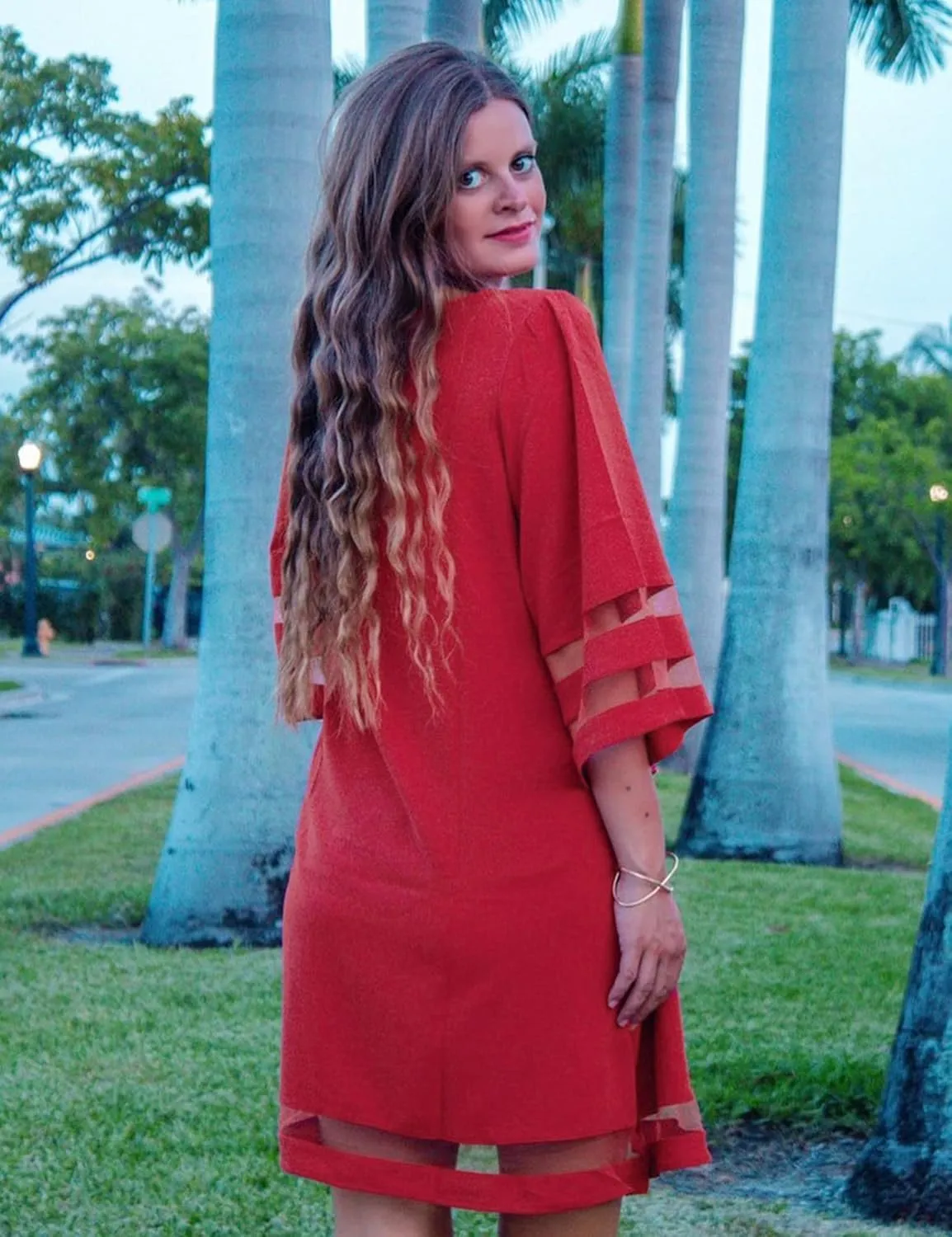 LookbookStore Women Casual Crewneck Mesh Panel 3/4 Bell Sleeve Loose Tunic Dress