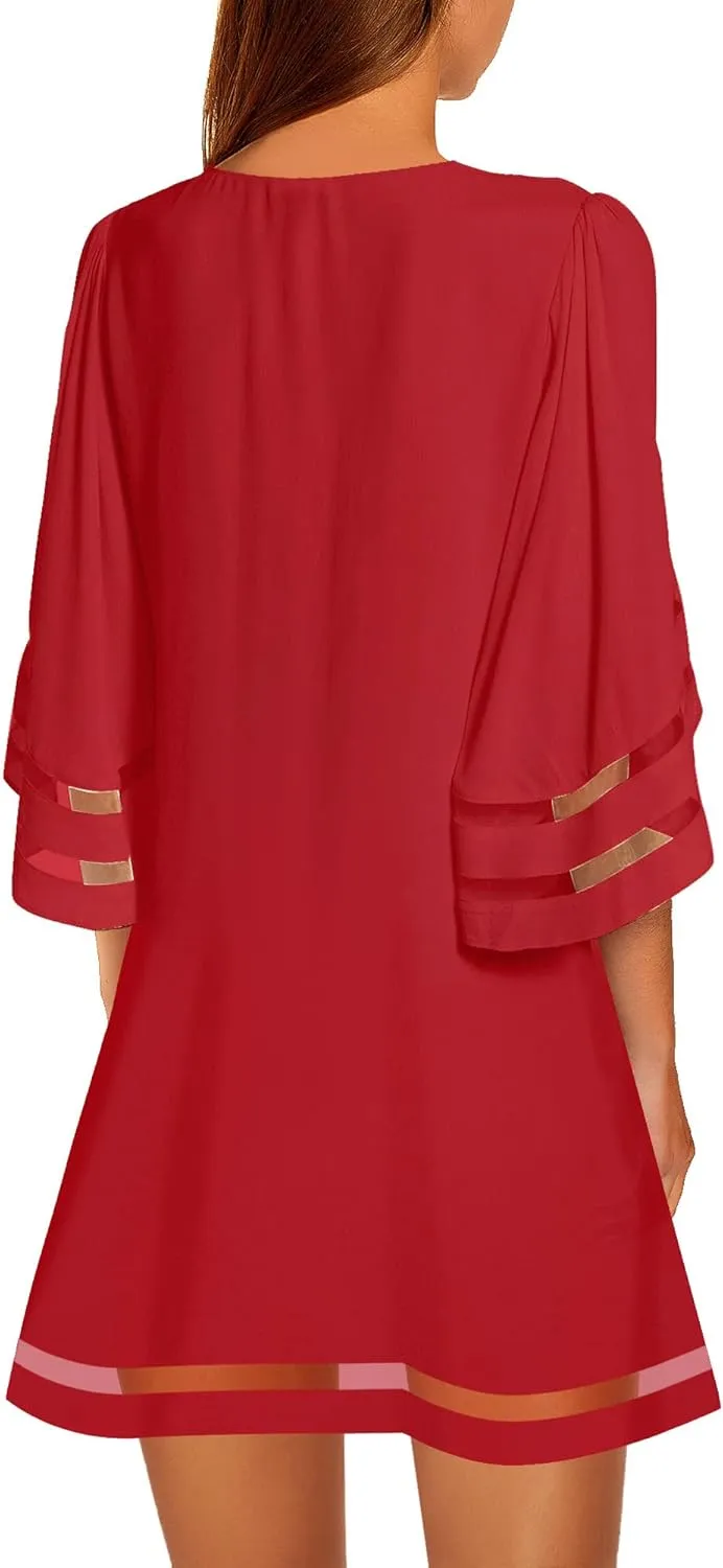 LookbookStore Women Casual Crewneck Mesh Panel 3/4 Bell Sleeve Loose Tunic Dress