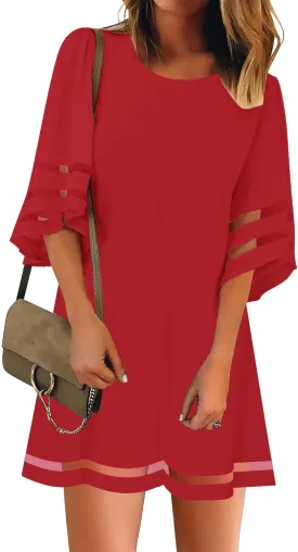 LookbookStore Women Casual Crewneck Mesh Panel 3/4 Bell Sleeve Loose Tunic Dress