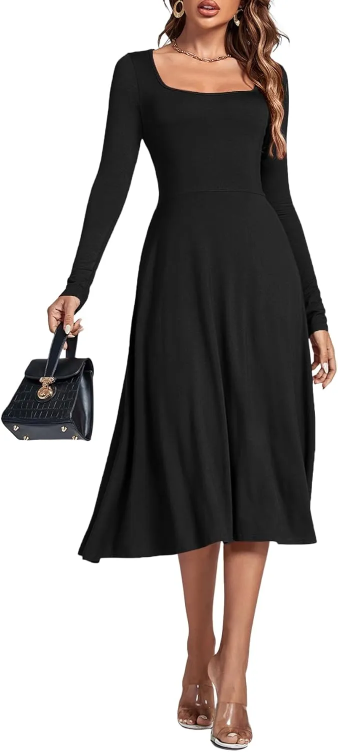 LYANER Women's Square Neck Long Sleeve Empire Waist A Line Flare Solid Midi Dress