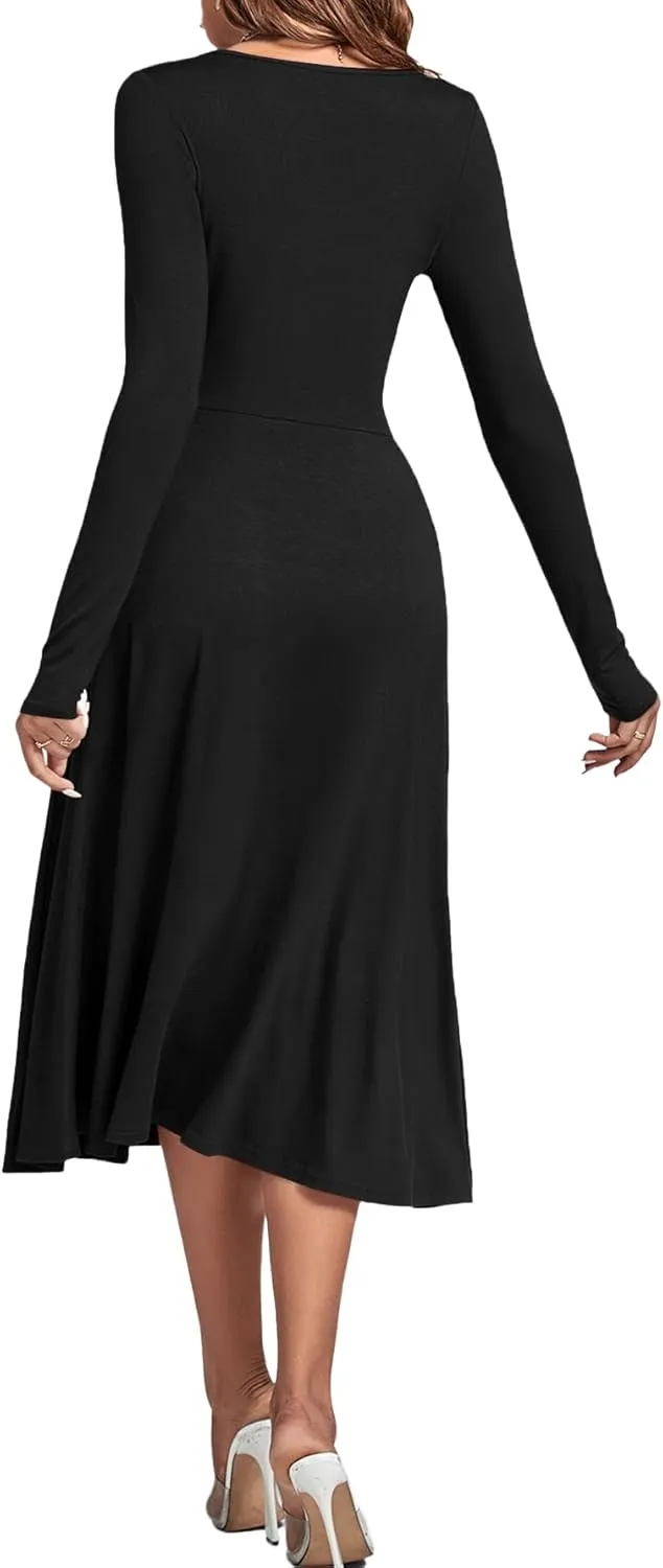 LYANER Women's Square Neck Long Sleeve Empire Waist A Line Flare Solid Midi Dress