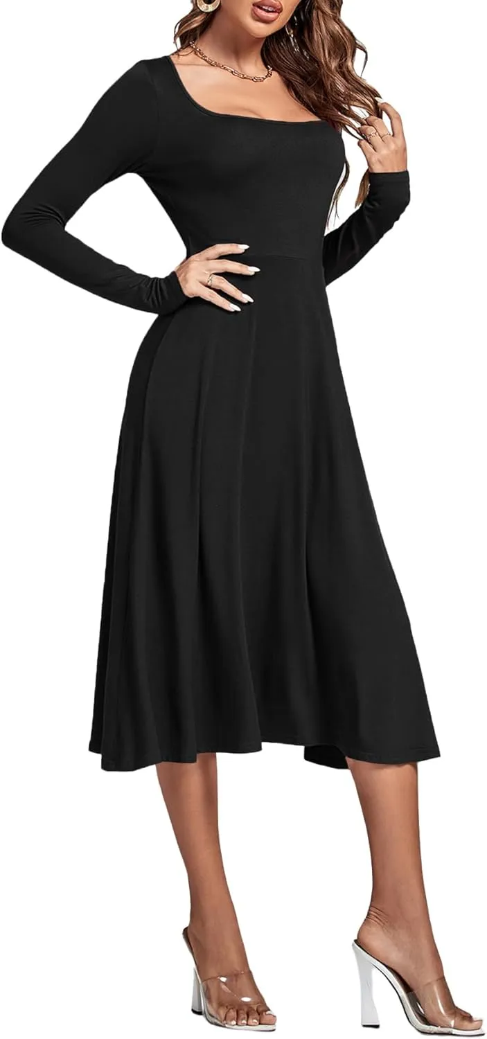 LYANER Women's Square Neck Long Sleeve Empire Waist A Line Flare Solid Midi Dress