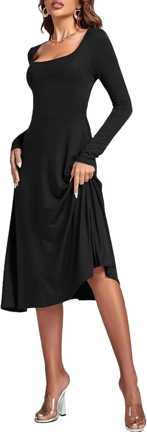 LYANER Women's Square Neck Long Sleeve Empire Waist A Line Flare Solid Midi Dress