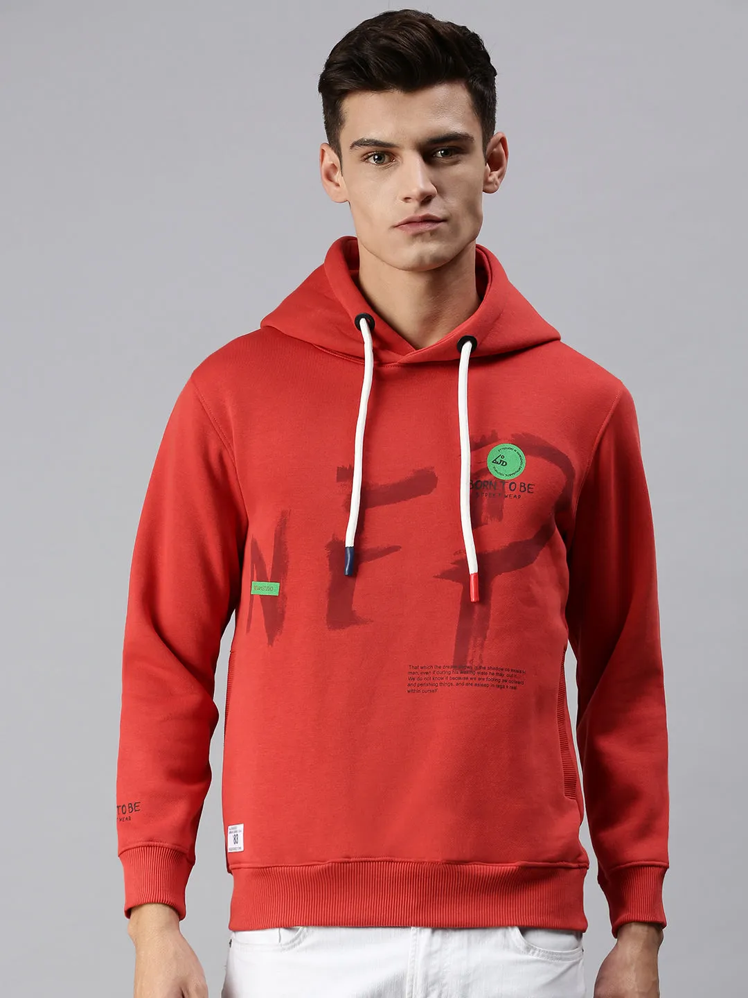 Men Hooded Graphic Print Red Sweatshirt