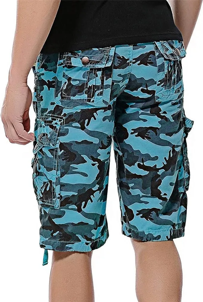 Men's Casual Cotton Camouflage Cargo Shorts Lightweight Multi Pocket Hiking Shorts Knee Length Camo Pant No Belt