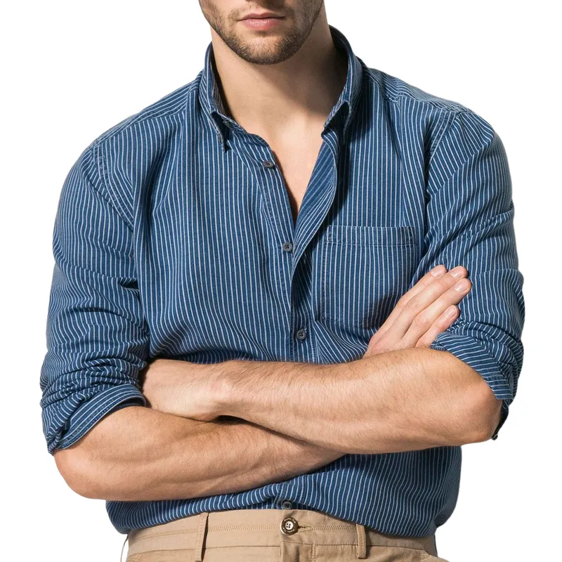 Men's Classic Casual Lapel Striped Cotton and Linen Long Sleeve Shirt 67466830F