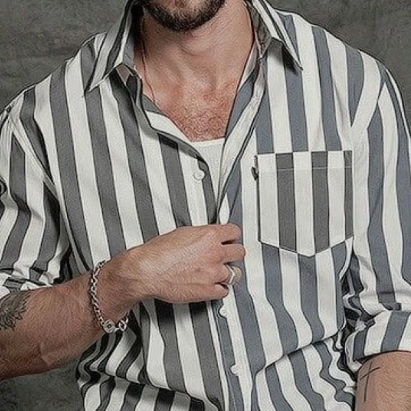 Men's Classic Casual Vertical Striped Long Sleeve Shirt 92821338K