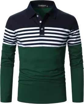 Mens Polo Shirts Long/Short Sleeve Striped Casual Slim Fit Golf Polo Contrast Color Summer Cotton T-Shirts