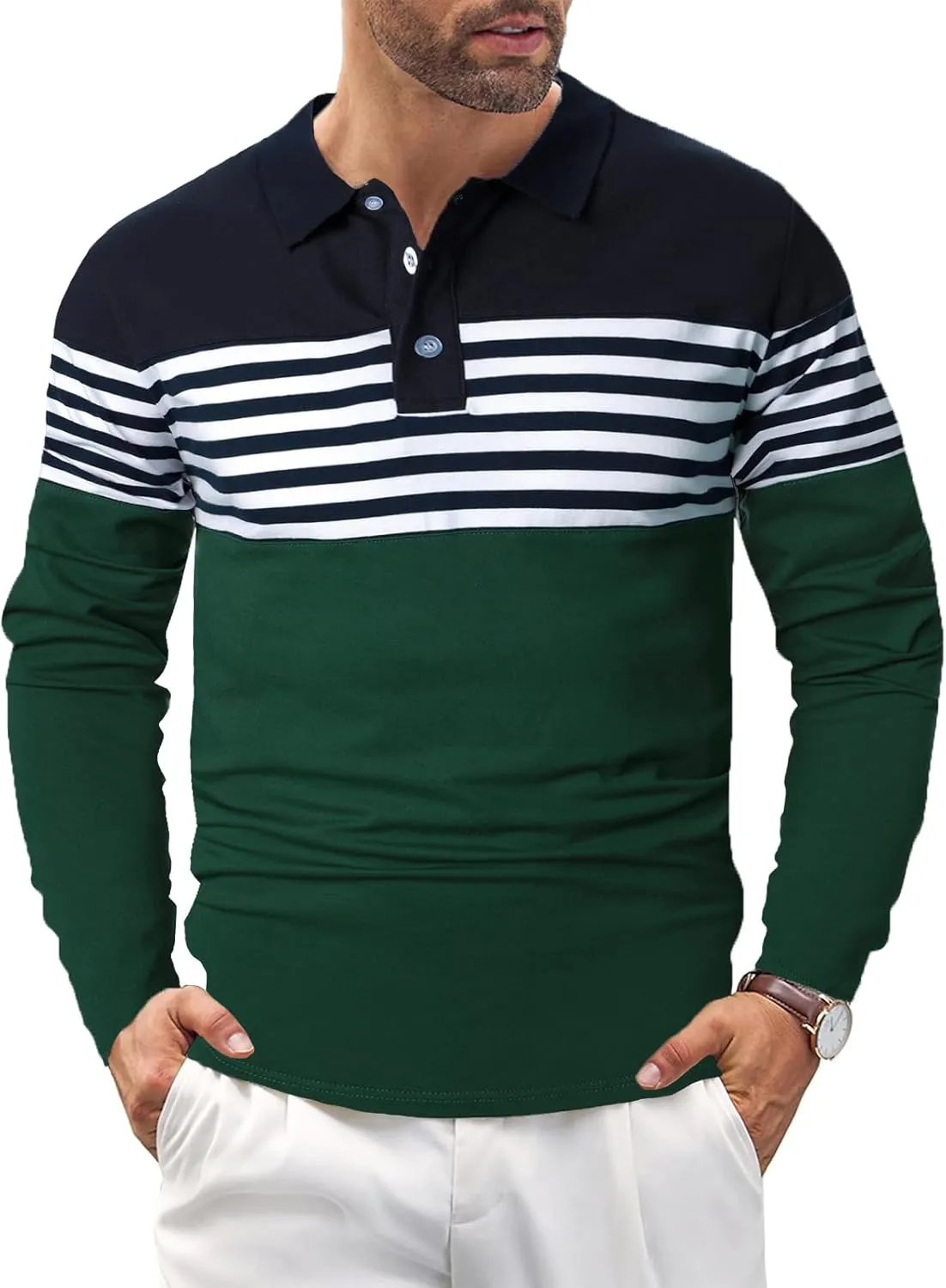 Mens Polo Shirts Long/Short Sleeve Striped Casual Slim Fit Golf Polo Contrast Color Summer Cotton T-Shirts