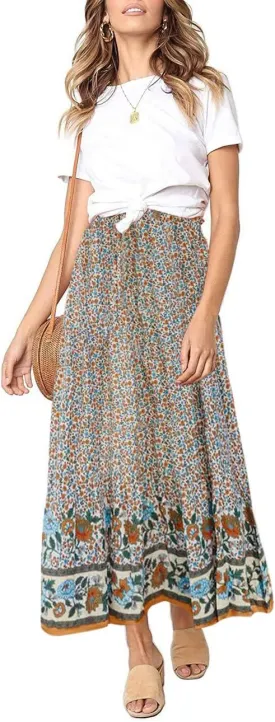 MEROKEETY Women's Boho Floral Print Elastic High Waist Pleated A Line Maxi Skirt