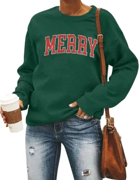 Merry Christmas Sweatshirt Women Merry Graphic Letter Printed Crewneck Pullover Xmas Tops