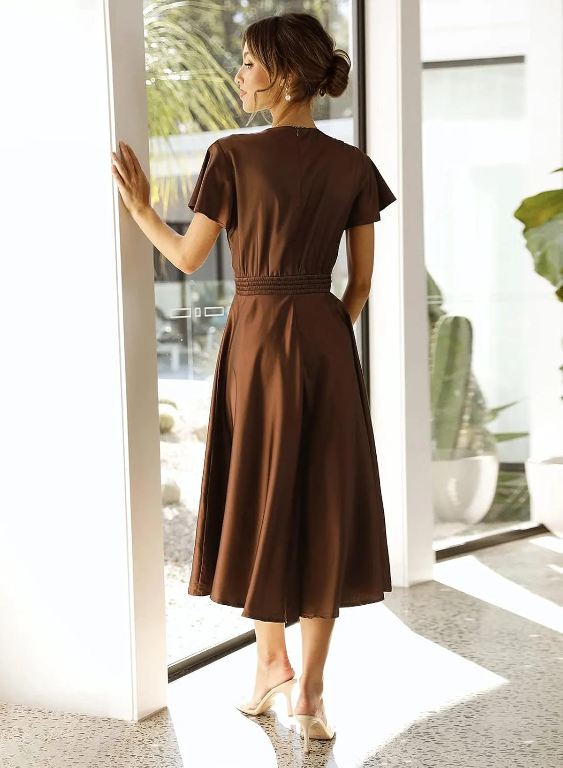miduo Womens Satin V Neck Ruffle Short Sleeve Tie Front High Waist Midi A-Line Maxi Dresses