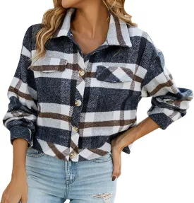 Miyaomn Women's Checked Flannel Cropped Shirt Jacket Woolen Turndown Collar Long Sleeve Button Down Plaid Short Shacket Coats
