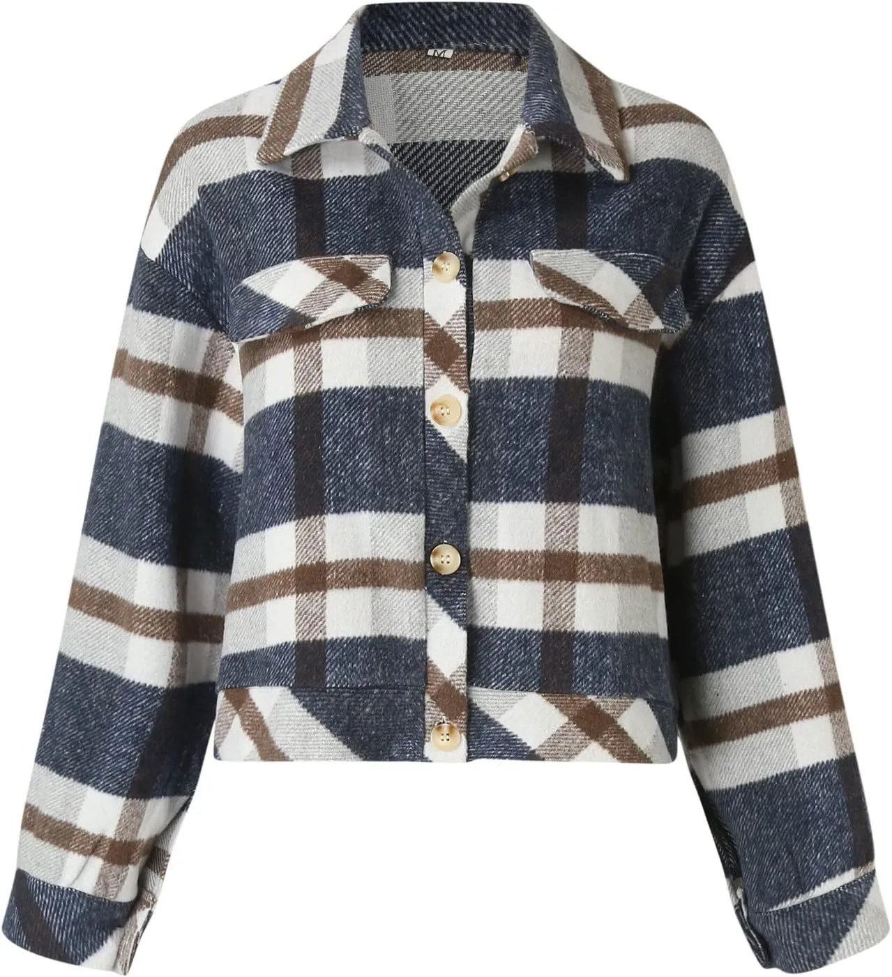 Miyaomn Women's Checked Flannel Cropped Shirt Jacket Woolen Turndown Collar Long Sleeve Button Down Plaid Short Shacket Coats