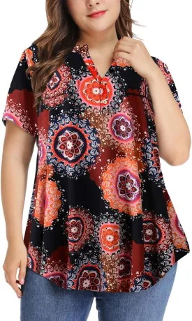 MONNURO Womens Plus Size Tops V Neck Plaid Shirts Summer Short Sleeve Work Casual Blouses