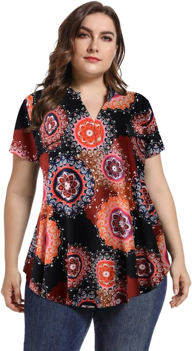 MONNURO Womens Plus Size Tops V Neck Plaid Shirts Summer Short Sleeve Work Casual Blouses