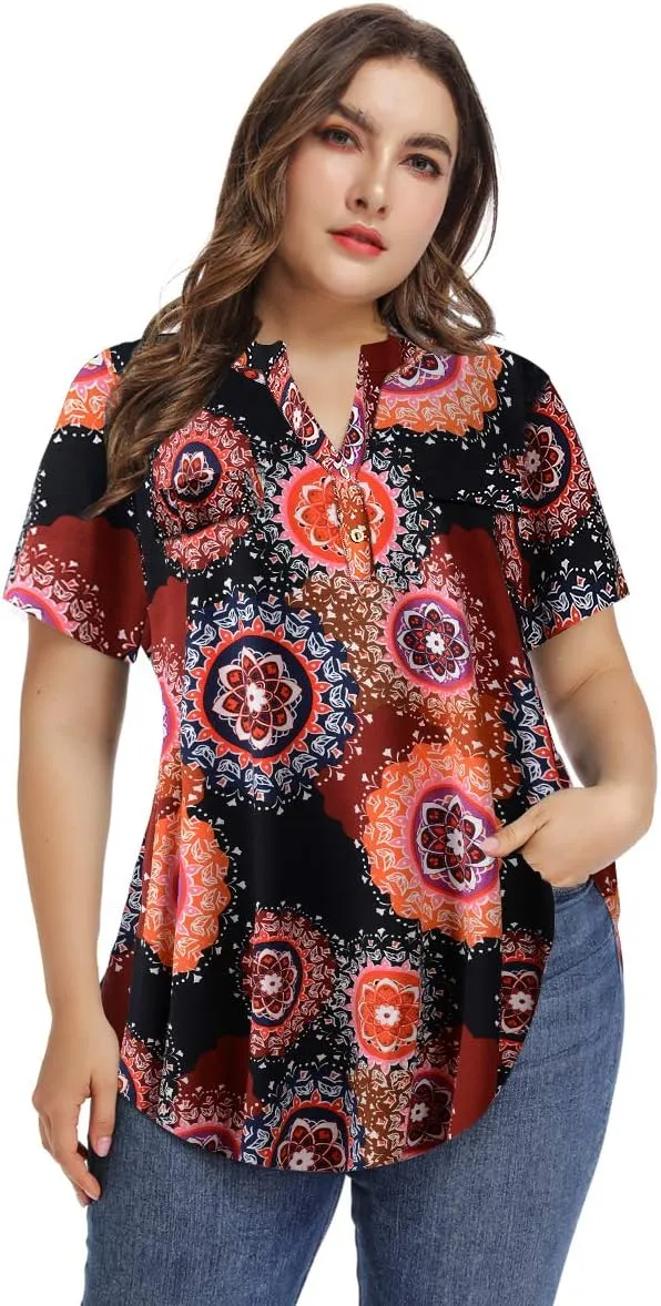 MONNURO Womens Plus Size Tops V Neck Plaid Shirts Summer Short Sleeve Work Casual Blouses
