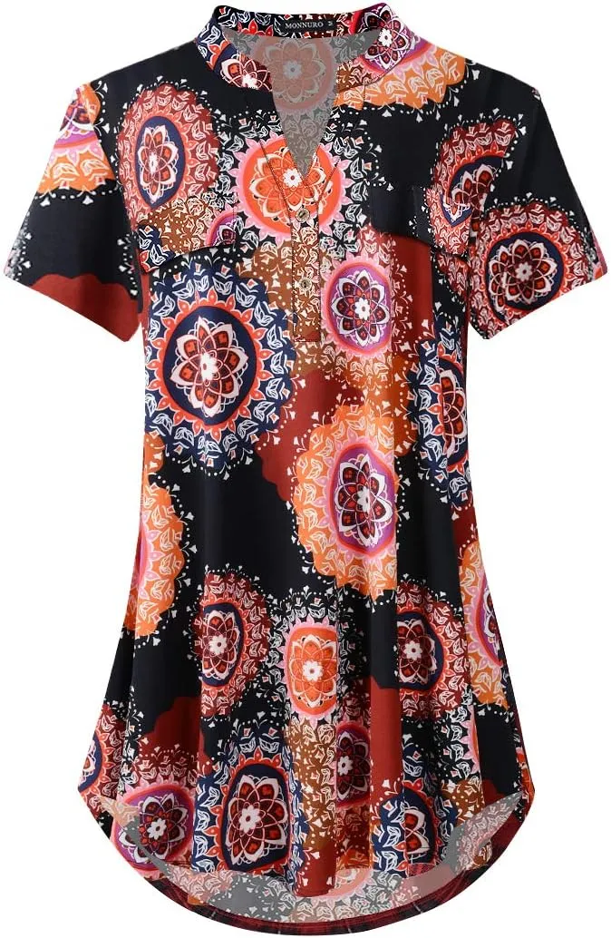 MONNURO Womens Plus Size Tops V Neck Plaid Shirts Summer Short Sleeve Work Casual Blouses